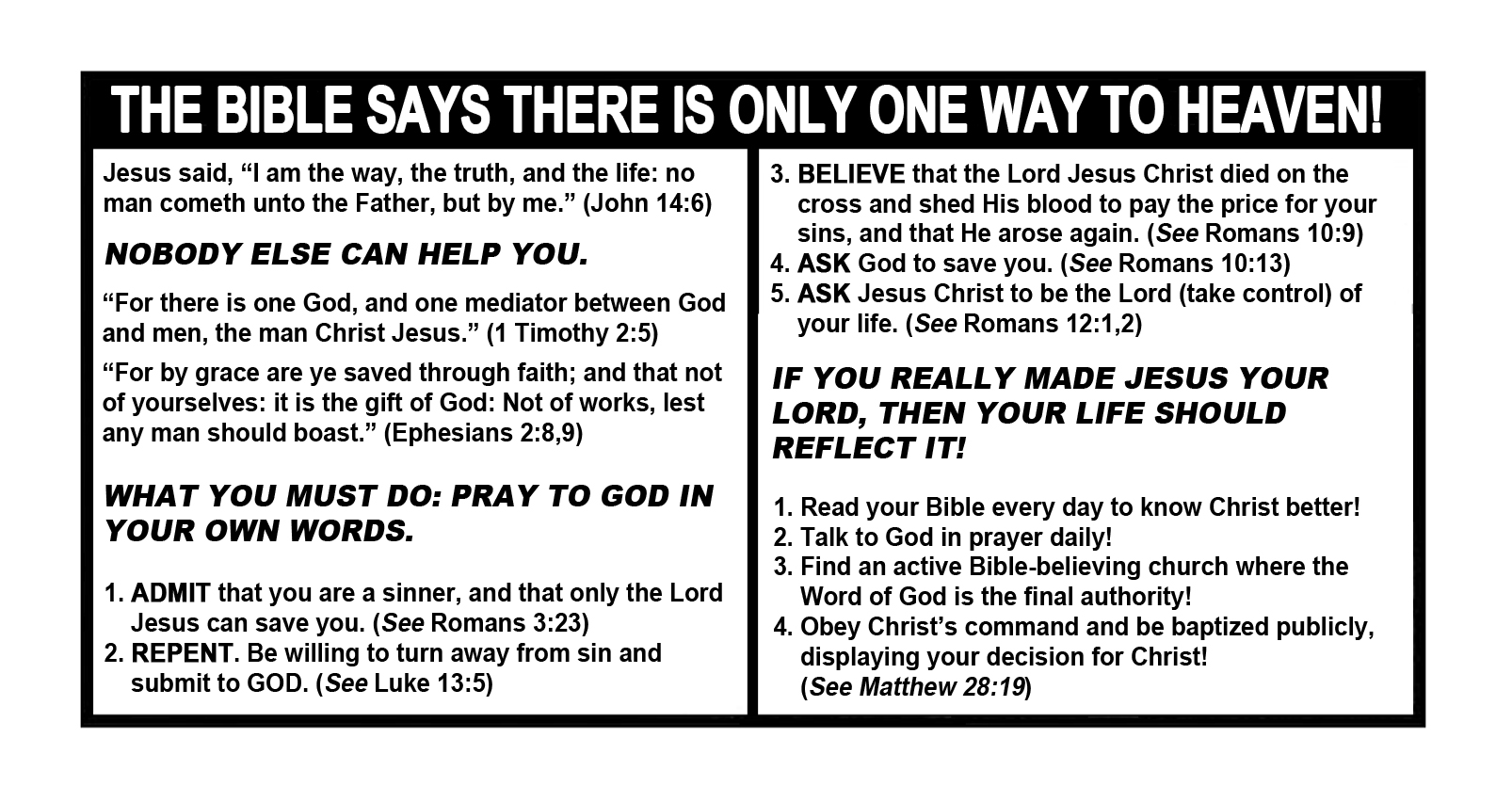 The Bible says there is only one way to heaven. Jesus said, 'I am the way, the truth, and the life. No one comes to the Father, but by Me.'